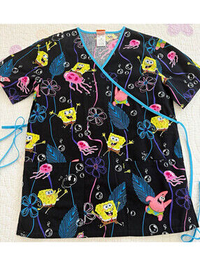 Nickelodeon Womens SpongeBob Patrick Jellyfish Faux Wrap Scrub Top XS 6960C